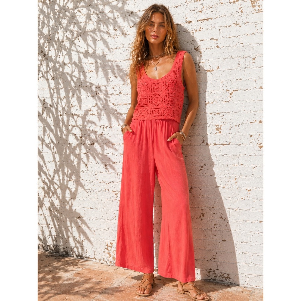 Indio Collective Coral Viscose Crochet Overlay Wide Leg Jumpsuit Boho Medium